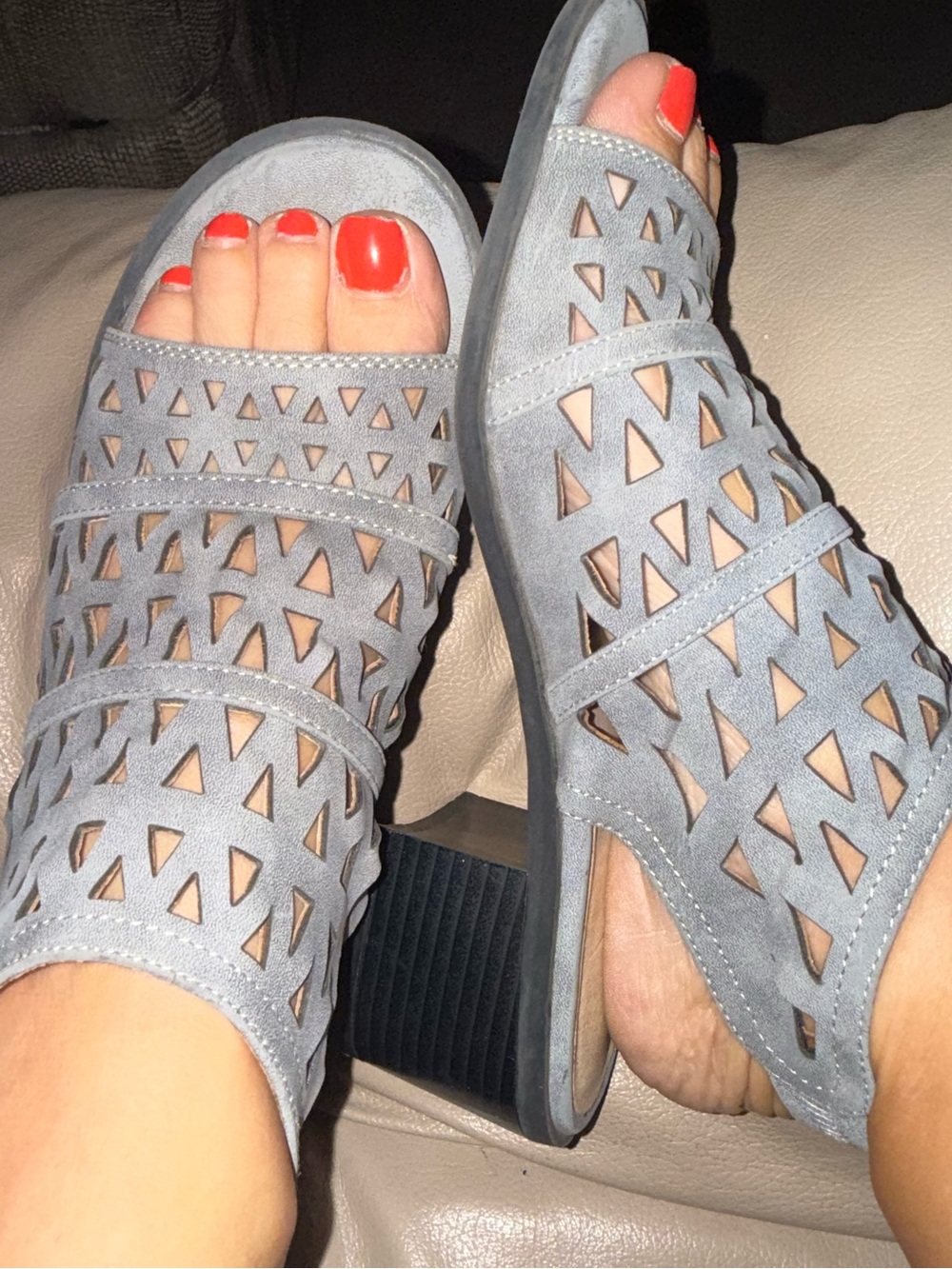 Seven Dials Grey Laser-Cut Block Heel Sandals